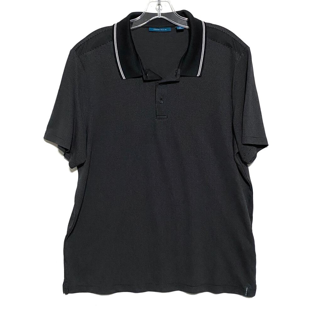 Perry Ellis Mini Polka Dot Black Polo Shirt Mens L Golf Activewear Casual Preppy